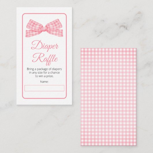 Pink Gingham Check Bow Baby shower Luier Raffle Informatiekaartje (Voorkant / Achterkant)