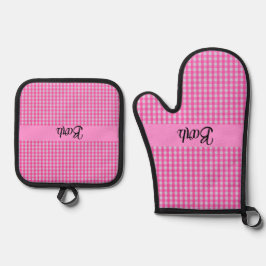Pink GIngham Check gepersonaliseerd Ovenwant & Pannenlap Set