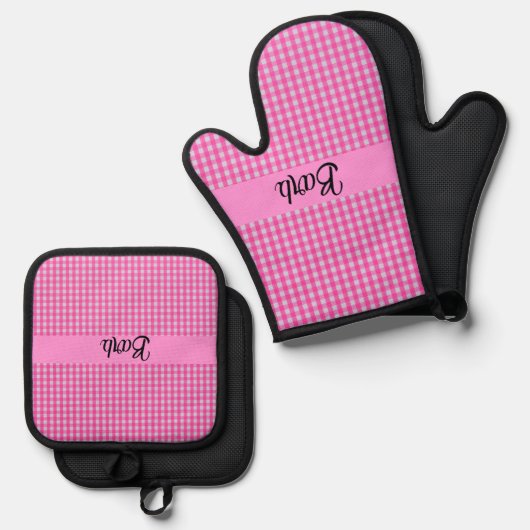 Pink GIngham Check gepersonaliseerd Ovenwant & Pannenlap Set (Voorkant / Achterkant)