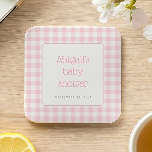 Pink Gingham Check Rustic Girls Baby shower Kartonnen Onderzetters