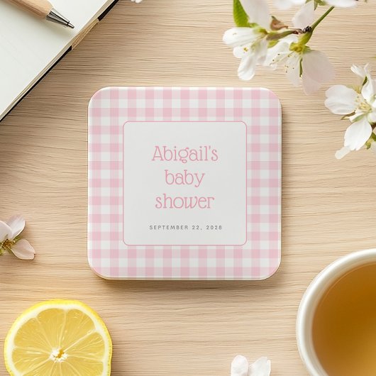 Pink Gingham Check Rustic Girls Baby shower Kartonnen Onderzetters