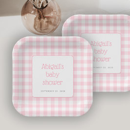 Pink Gingham Check Rustic Girls Baby shower Papieren Bordje