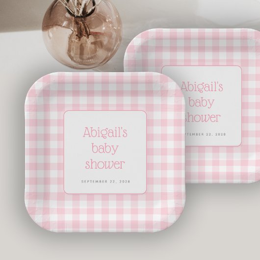 Pink Gingham Check Rustic Girls Baby shower Papieren Bordje