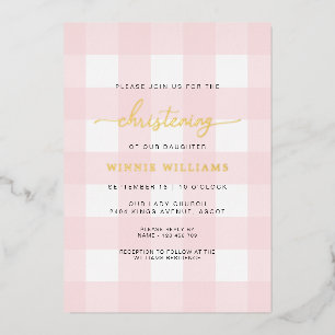 Pink Gingham Christening Folie Folie Uitnodiging