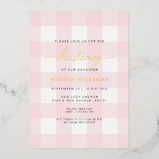 Pink Gingham Christening Folie Folie Uitnodiging (Voorkant)