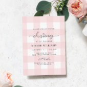 Pink Gingham Christening Uitnodiging
