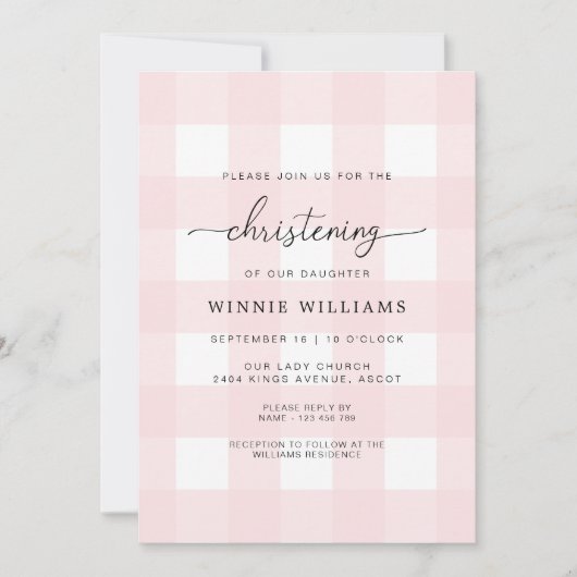 Pink Gingham Christening Uitnodiging (Voorkant)