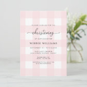 Pink Gingham Christening Uitnodiging (Staand voorkant)