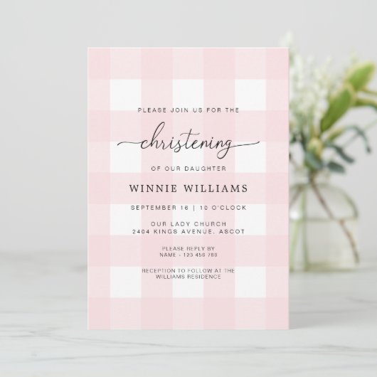 Pink Gingham Christening Uitnodiging (Staand voorkant)