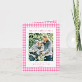 Pink Gingham Christmas Photo Feestdagen Kaart