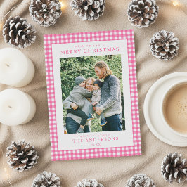 Pink Gingham Christmas Photo Feestdagenkaart