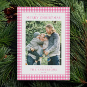 Pink Gingham Christmas Photo Feestdagenkaart
