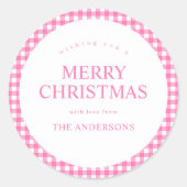 Pink Gingham Christmas Ronde Sticker (Voorkant)