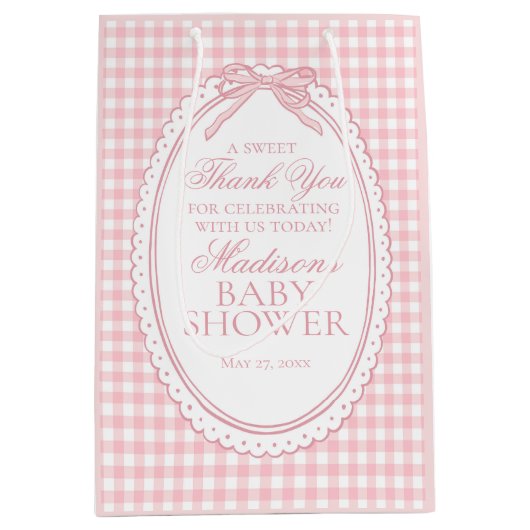 Pink Gingham Coquette Bow Baby Shower Favors Medium Cadeauzakje (Voorkant)