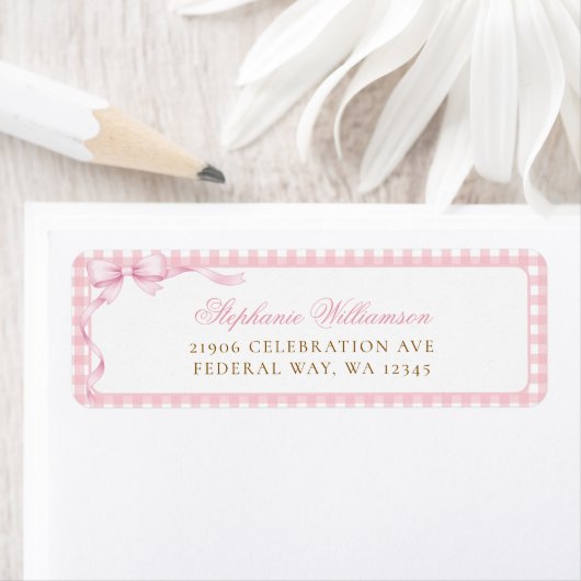 Pink Gingham Coquette Bow Return Address Etiket (Insitu)