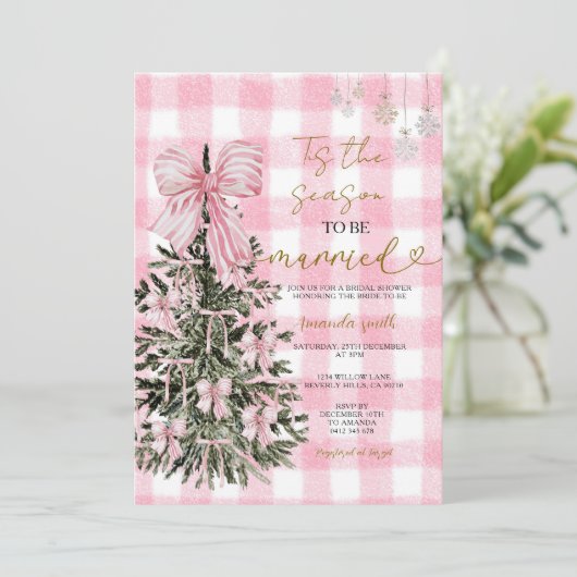 Pink Gingham Coquette Christmas Tree Bridal Shower Kaart (Staand voorkant)