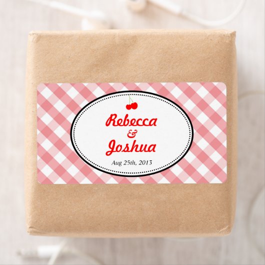 Pink gingham country rustige bruiloft label (Insitu)