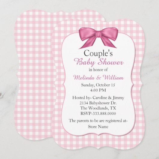 Pink Gingham Couple's Baby shower Invitation Kaart (Voorkant / Achterkant)