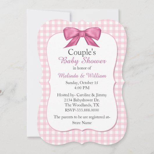 Pink Gingham Couple's Baby shower Invitation Kaart (Voorkant)