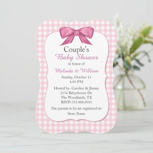Pink Gingham Couple's Baby shower Invitation Kaart (Staand voorkant)