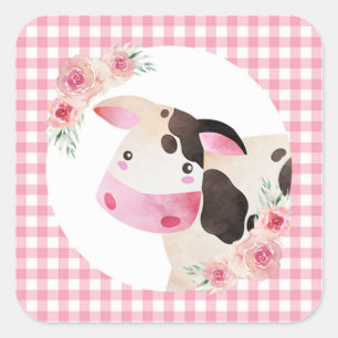 Pink Gingham Cow Floral Vierkante Sticker