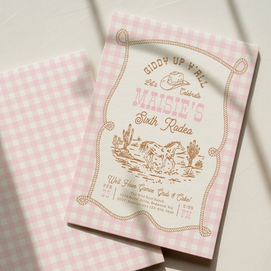 Pink Gingham Cowgirl Birthday Invitation Kaart