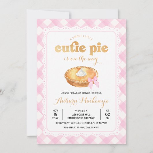 Pink Gingham Cutie Pie Baby shower Uitnodiging (Voorkant)