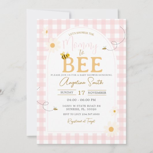 Pink Gingham Daisies Bee Baby shower Mama to Bee Kaart (Voorkant)
