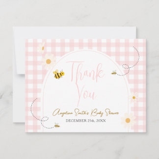 Pink Gingham Daisies Bee Baby Shower Thank You Bedankkaart