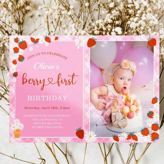 Pink Gingham Daisy bloem Berry Eerste Verjaardag Kaart