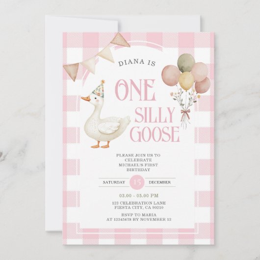PINK Gingham Een Gekke Goose Verjaardagsballon Kaart (Voorkant)