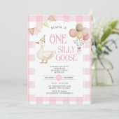 PINK Gingham Een Gekke Goose Verjaardagsballon Kaart (Staand voorkant)