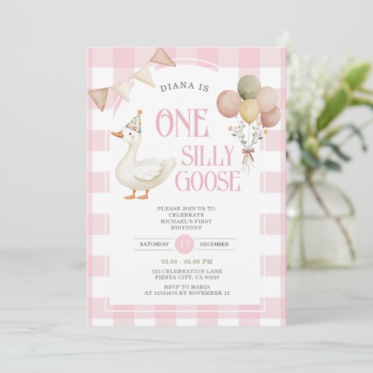 PINK Gingham Een Gekke Goose Verjaardagsballon Kaart (Staand voorkant)