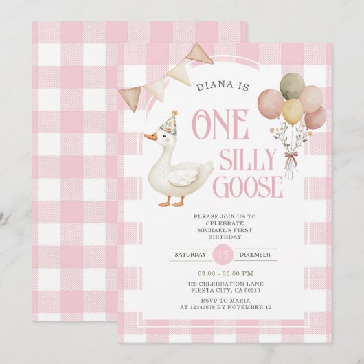 PINK Gingham Een Gekke Goose Verjaardagsballon Kaart (Voorkant / Achterkant)