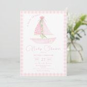 Pink Gingham Een kleine schipper Modern Baby showe Kaart (Staand voorkant)