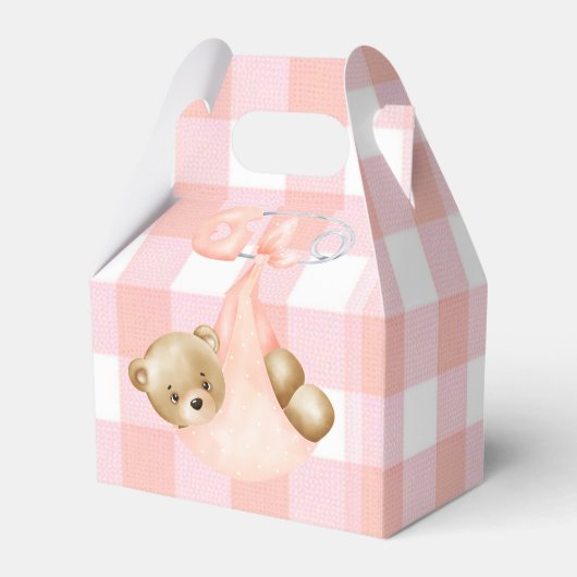 Pink Gingham & een Schattige Teddy Bear Meisje Bab Bedankdoosjes (Achterkant)