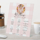 Pink Gingham eerste verjaardag mijlpaal tijdlijn Reclamebord Met Voetstuk (Insitu)