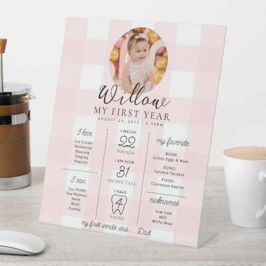 Pink Gingham eerste verjaardag mijlpaal tijdlijn Reclamebord Met Voetstuk (Insitu)