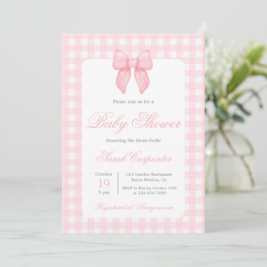 Pink Gingham en Bow Baby shower Meisje Kaart (Staand voorkant)
