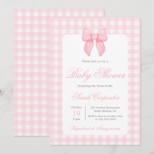 Pink Gingham en Bow Baby shower Meisje Kaart (Voorkant / Achterkant)