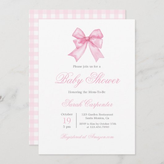 Pink Gingham en Bow Baby shower Meisje Kaart (Voorkant / Achterkant)