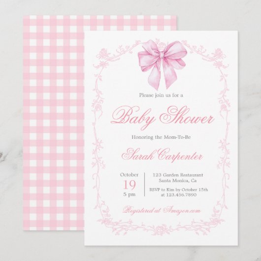 Pink Gingham en Bow Baby shower Meisje Kaart (Voorkant / Achterkant)