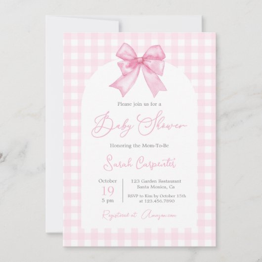 Pink Gingham en Bow Baby shower Meisje Kaart (Voorkant)
