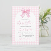 Pink Gingham en Bow Baby shower Meisje Kaart (Staand voorkant)