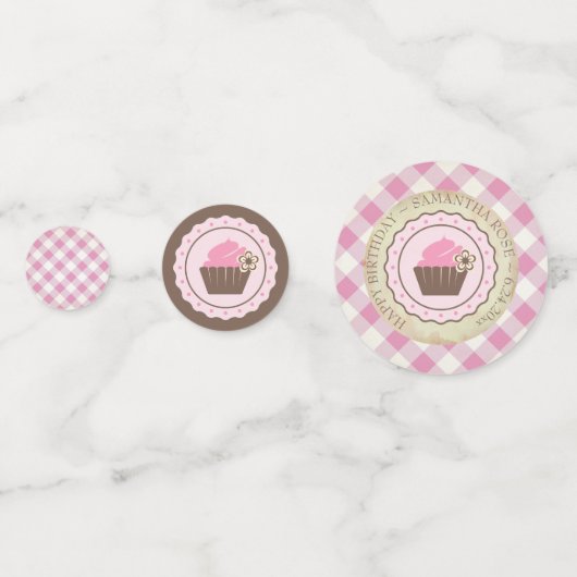 Pink Gingham en Cupcake verjaardag Confetti (Achterkanten)