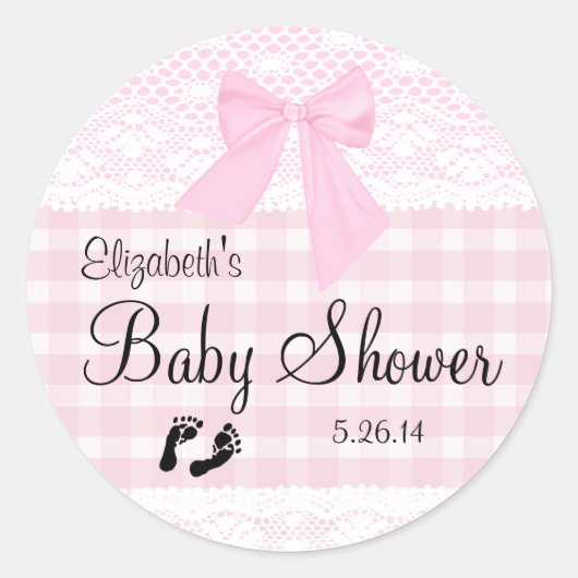 Pink Gingham en Kant Afbeelding Baby shower- Ronde Sticker (Voorkant)