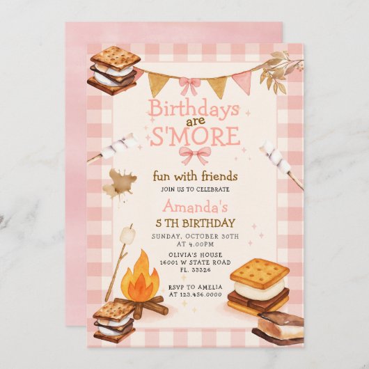 Pink Gingham Fall Camping Bonfire Smores Kaart (Voorkant / Achterkant)