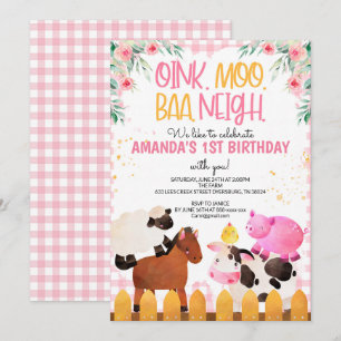 Pink Gingham Farm Animals Girl Birthday Barnyard Kaart