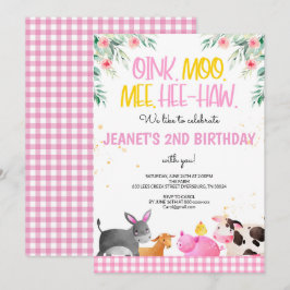 Pink Gingham Farm Animals Girls Birthday Barnyard Kaart