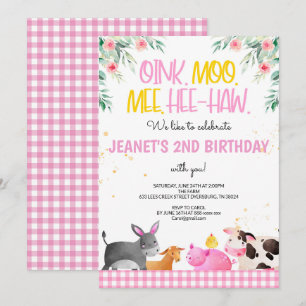 Pink Gingham Farm Animals Girls Birthday Barnyard Kaart